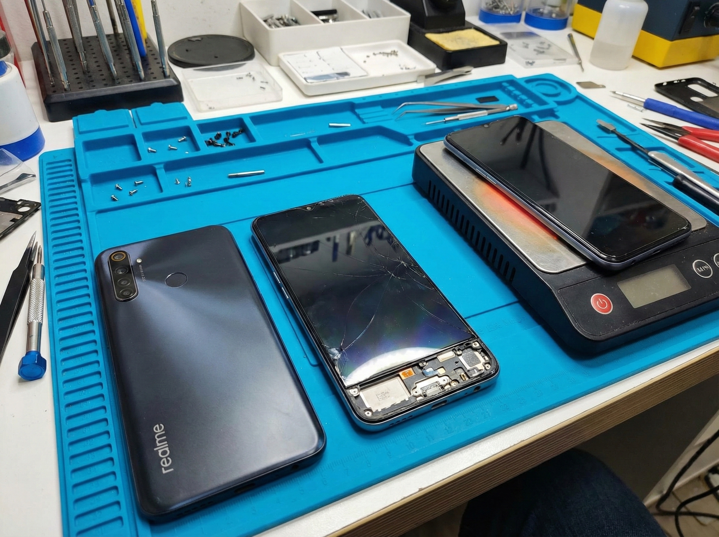 Разобранный смартфон на столе у мастера